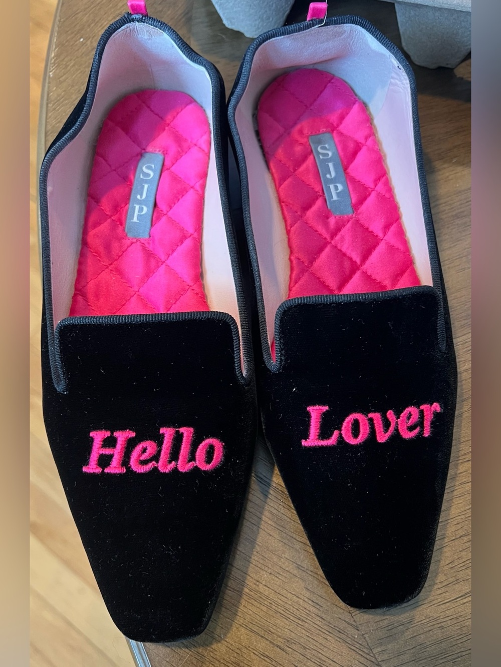 SJP by Sarah Jessica Parker Black Velvet Flats with Hot Pink Quilted Insole